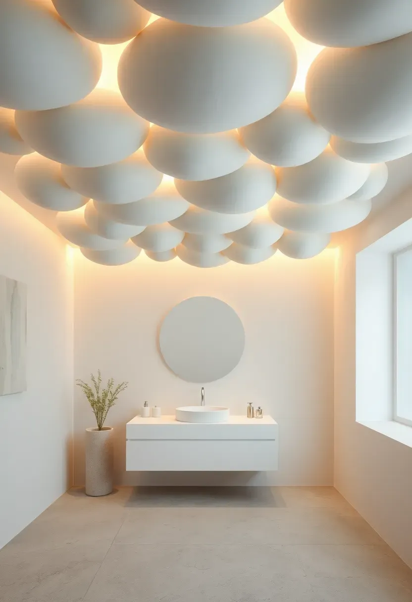 Dreamy white bathroom with a sculpted cloud-like ceiling installation, soft lighting, and floating vanity