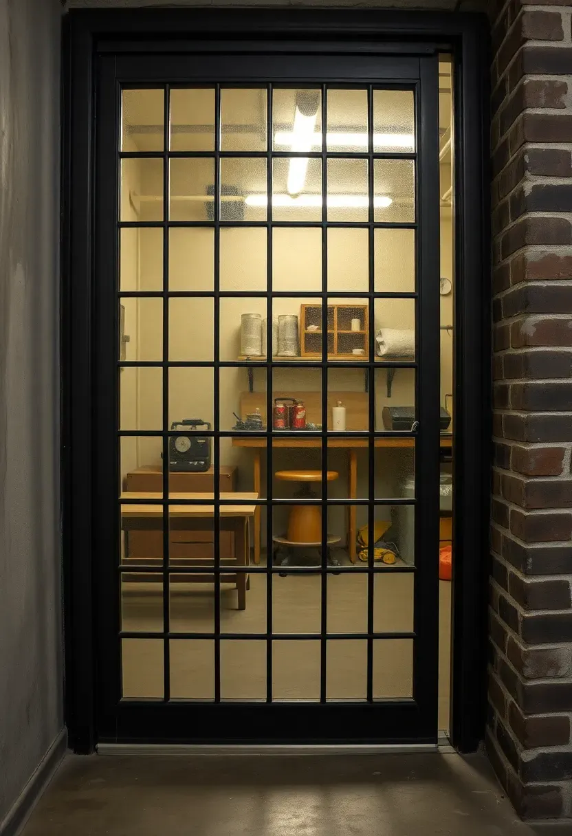 A steel-framed door with divided glass panels in a black metal grid pattern at a basement workshop entrance