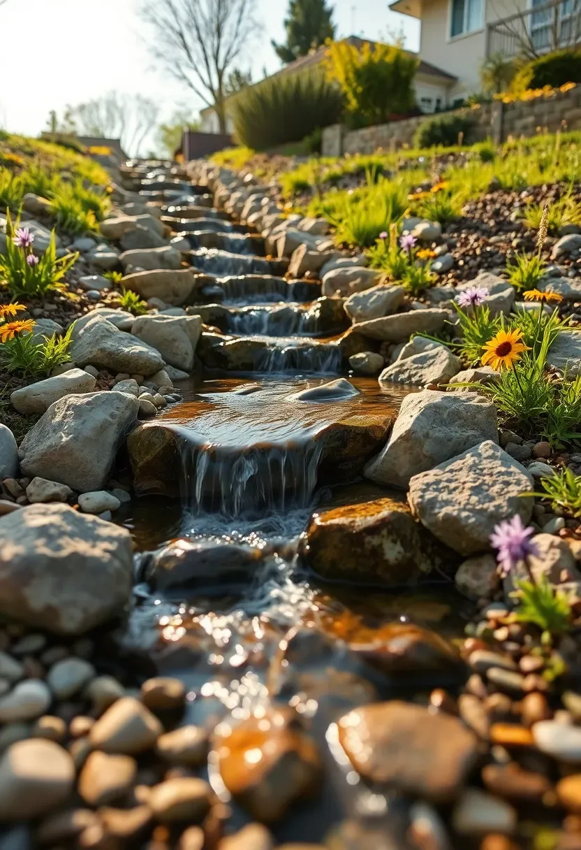 Hillside backyard stream with multiple small waterfalls flowing down a planted slope with river rocks and native wildflowers