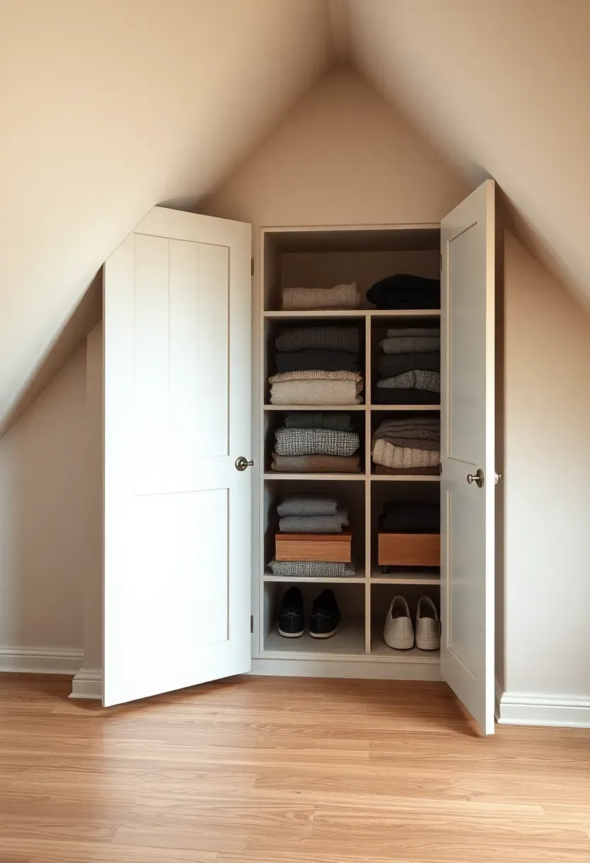 white built-in knee wall cabinets with flush doors in a finished attic room