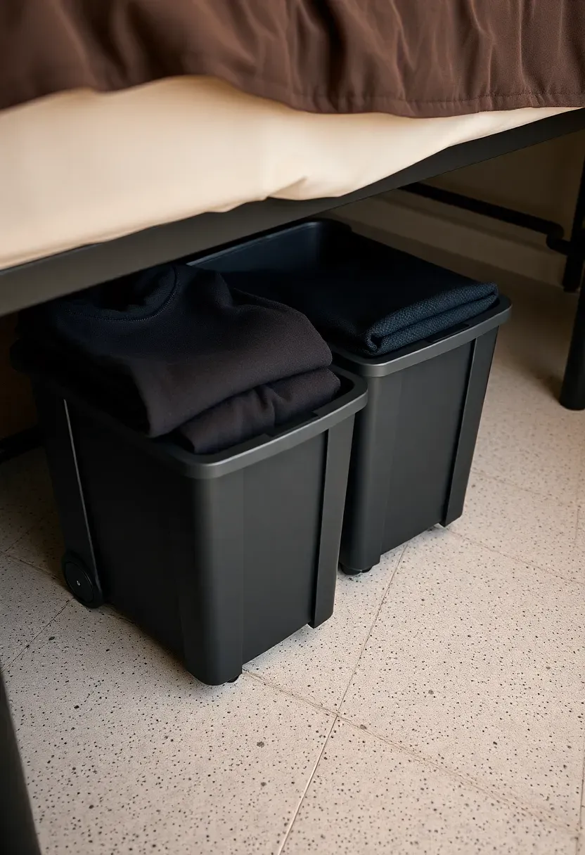 dorm bed raised on risers with dark rolling storage bins underneath