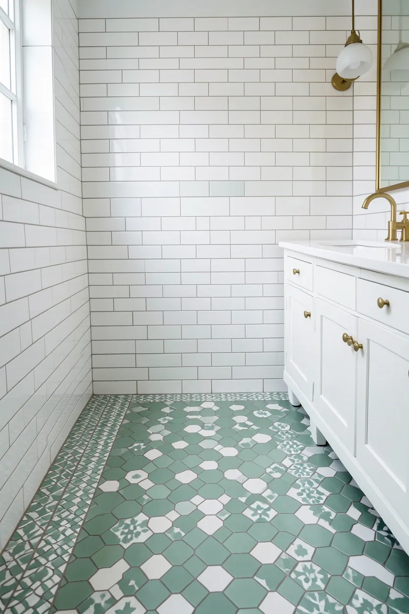 Hyper-realistic eye-level photograph of a Moroccan-style bathroom floor showing hexagon ceramic tiles in sage green and white with subtle geometric Moroccan patterns, white subway tile walls with white grout, white vanity with brass faucet. Natural light. Materials: sage green and white hexagon tiles, white subway tiles, brass fixtures, white wood. Sophisticated Moroccan hexagon pattern. Clean modern aesthetic. No text, no logos, no watermarks.</p>