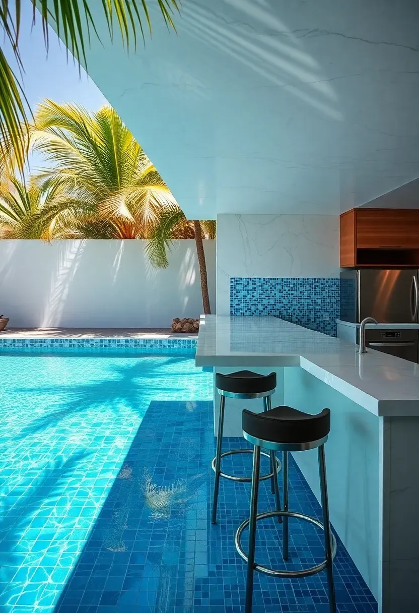 Pool-side wet bar kitchen with a swim-up bar counter and underwater bar stools in a tropical backyard