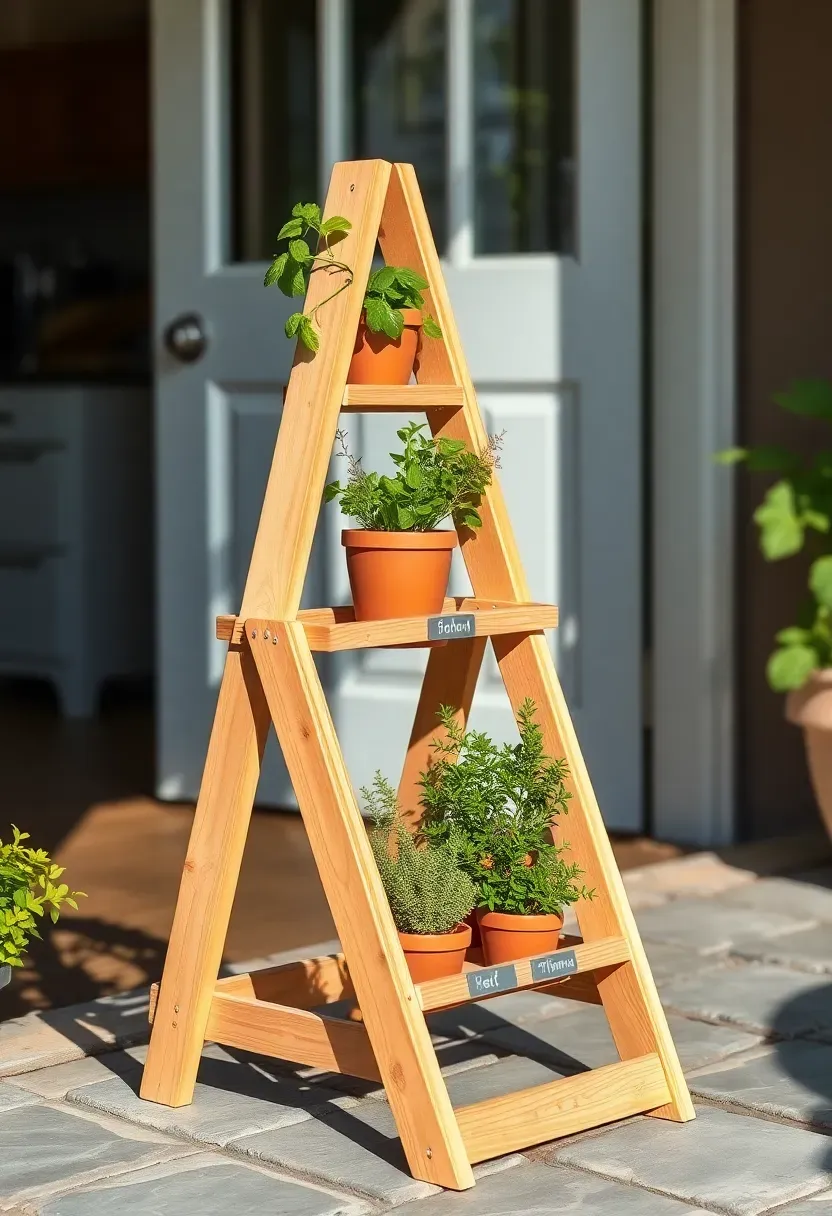 Three-tiered wooden herb planter stand on a small patio with basil, rosemary, and thyme growing in separate levels near a kitchen door