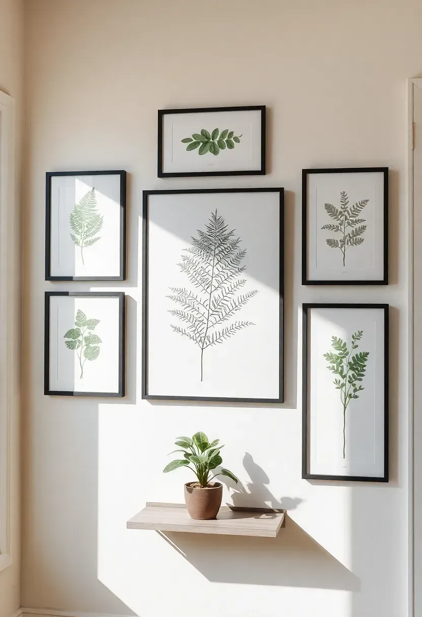 Gallery wall of framed botanical prints in thin black frames on a white sunroom wall with natural light and a small potted plant on a shelf below