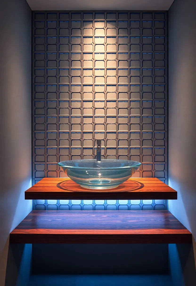 Contemporary bathroom with a geometric laser-cut metal backsplash panel in brushed stainless steel behind a glass vessel sink with LED underlighting
