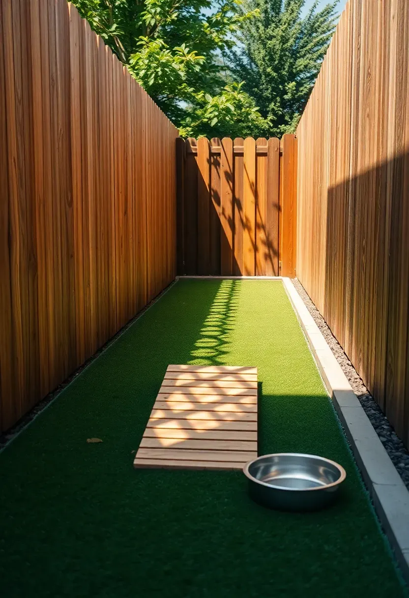 Long narrow synthetic turf dog run along a wooden fence with a small agility ramp and water bowl at one end