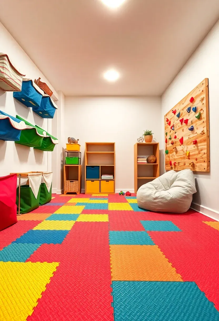 Colorful basement play area with rubber tile flooring, wall-mounted toy bins, a small climbing wall, and a reading nook