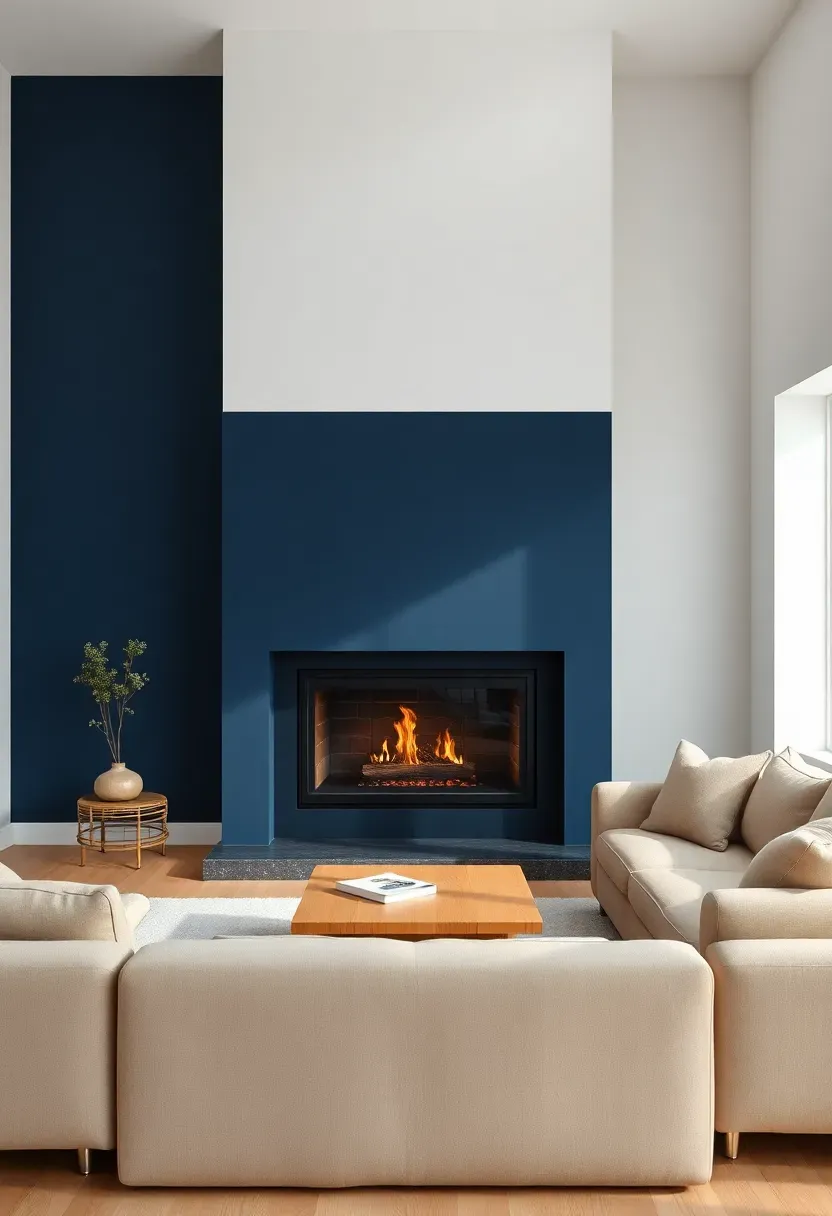 Hyper-realistic 3/4 view of minimalist living room with navy blue fireplace wall white surrounding walls modern gas fireplace with glass front beige sofa facing fire light oak coffee table. Materials: matte navy blue paint crisp white walls dark gray stone hearth beige linen sofa light oak wood. Soft natural daylight with fire glow creating warm shadows on navy dramatic cozy atmosphere. Sharp contrast between navy fireplace and white walls clean composition no clutter no text no watermarks.</p>