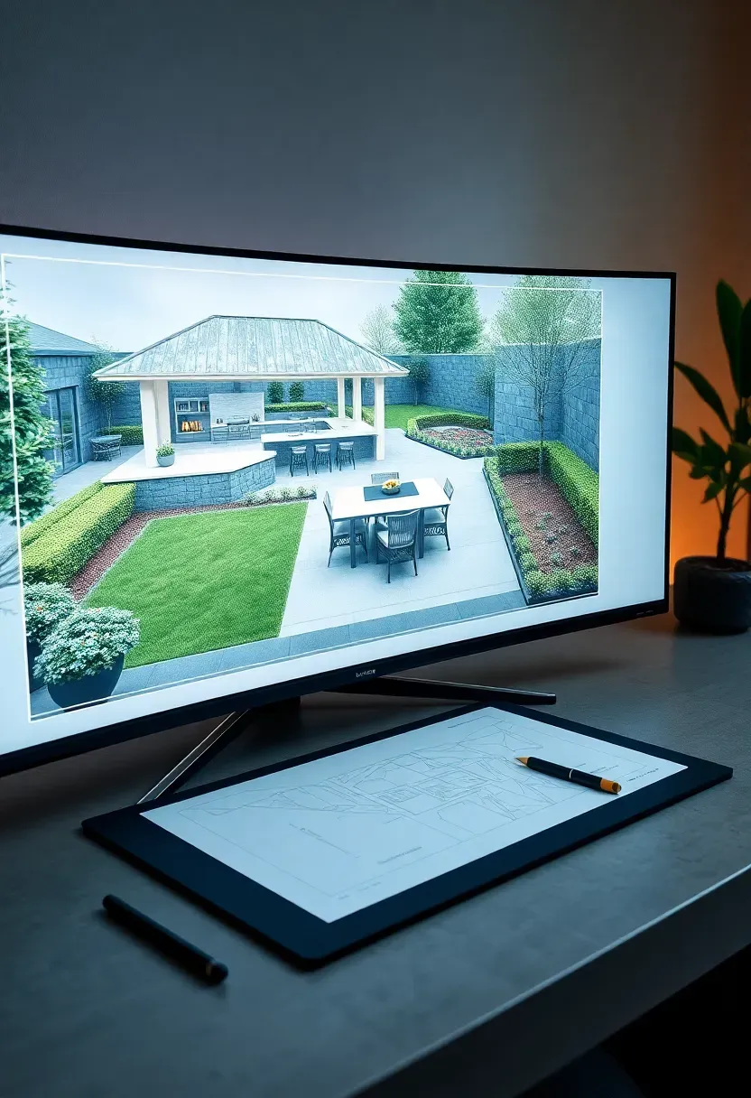Modern backyard blueprint rendered in Cedreo software showing outdoor kitchen area, dining space, and landscaped garden zones
