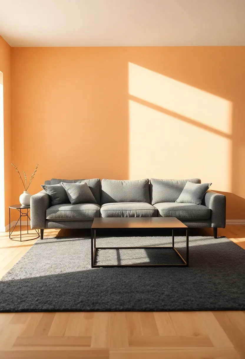 Hyper-realistic 3/4 view of a minimalist living room with pale apricot walls, gray sofa, gray area rug, and black metal coffee table. Materials: matte pale apricot paint, warm gray boucle upholstery, charcoal gray wool rug, black metal frame, light oak flooring. Soft natural daylight with warm shadows, modern and inviting atmosphere. Clean composition with negative space, sharp contrast between apricot and gray, no clutter, no text, no watermarks.</p>