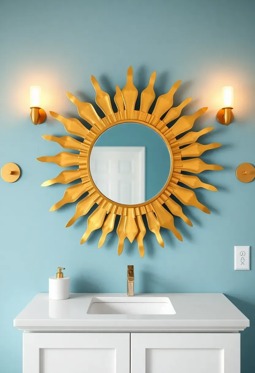 Decorative sun-shaped mirror with brass rays extending outward above bathroom vanity