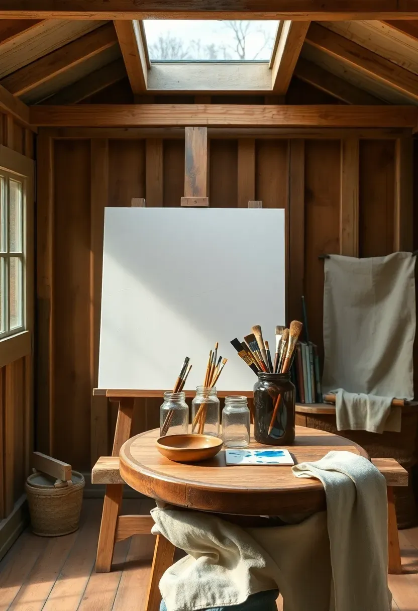 She shed artist studio with easel holding half-finished canvas, weathered oak table with glass jars of brushes, ceramic palette with paint smears, linen smock on stool under north skylight
