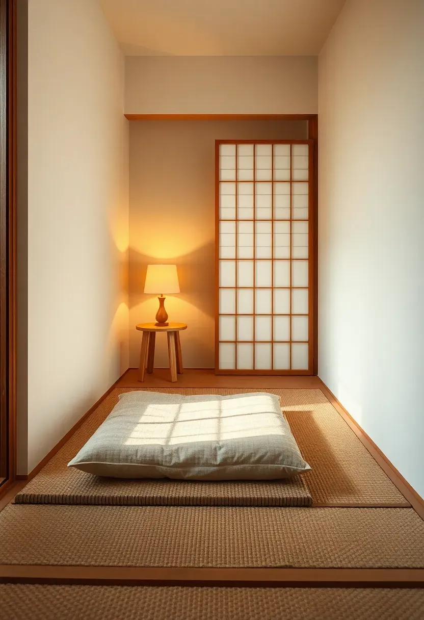 Hyper-realistic 3/4 view of minimalist Japandi living room corner featuring raised tatami platform with linen floor cushion, small wooden side table, floor lamp, and shoji screen divider partially enclosing the space. Materials: warm white walls, woven tatami mats, beige linen cushion, light oak table, white paper screen, warm lamp glow. Soft natural daylight filtering through shoji screen, serene and intimate atmosphere. Sharp fabric and wood textures, clean composition, no clutter, no text, no watermarks.</p>