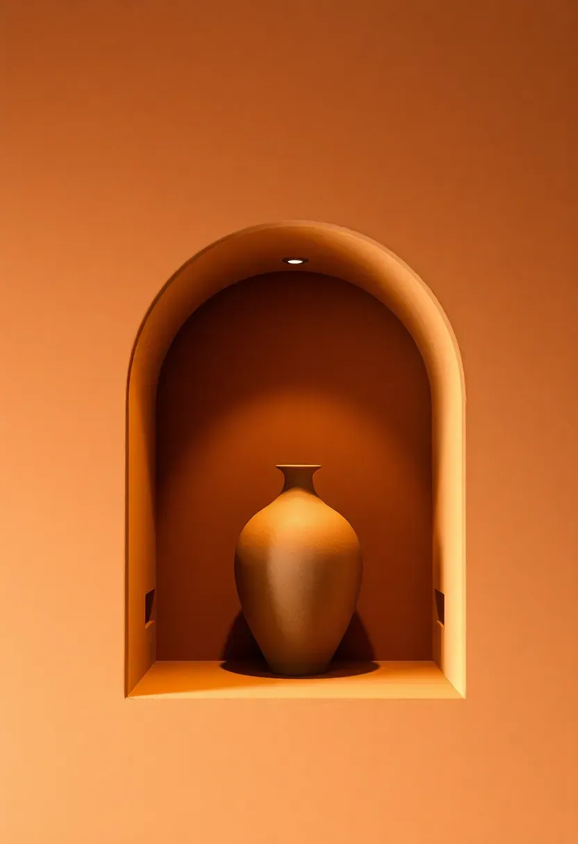 arched recessed wall niche with a sculptural vase and indirect warm lighting