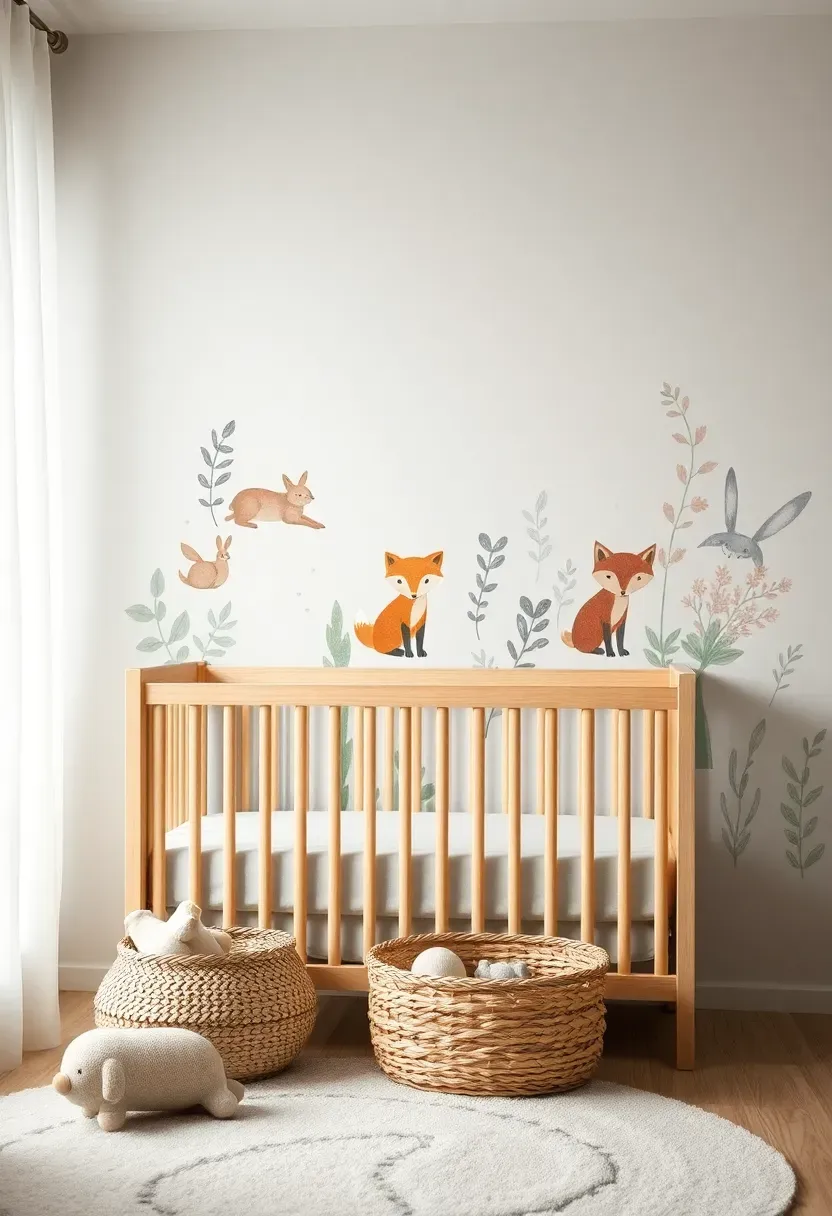woodland themed nursery with painted forest animals on wall and natural wood furniture