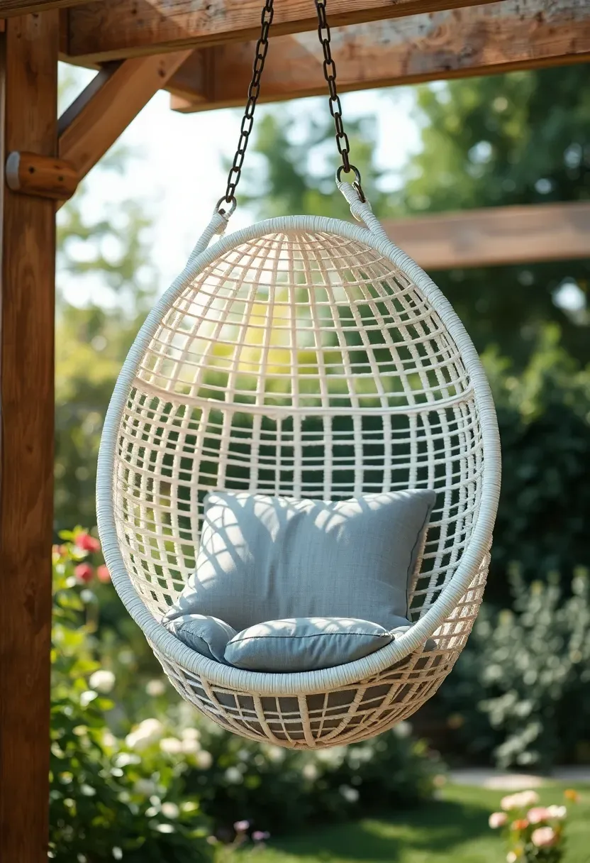 A white hanging egg chair with a gray cushion suspended from a wooden pergola beam in a backyard garden
