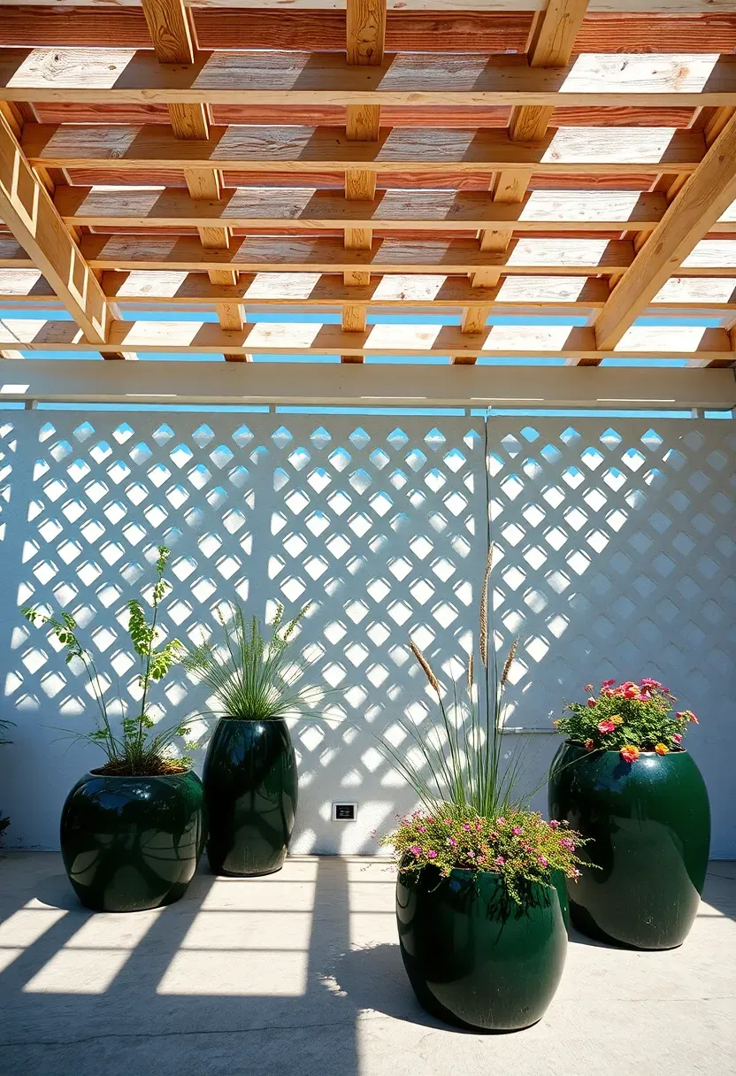 Wooden lattice roof panels casting diamond-shaped shadow patterns on a concrete patio with container plants