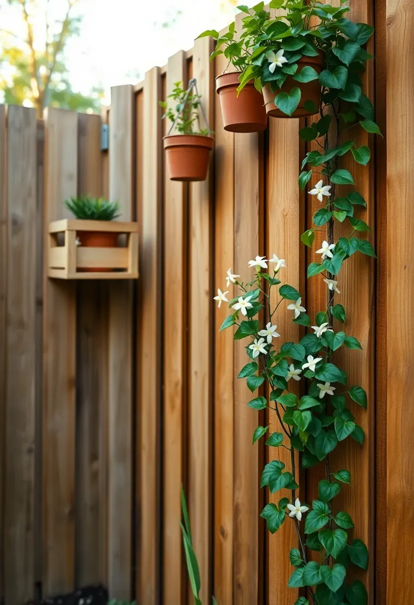Vertical planting along a wooden fence with climbing jasmine, mounted planter boxes, and hanging pots in a small backyard