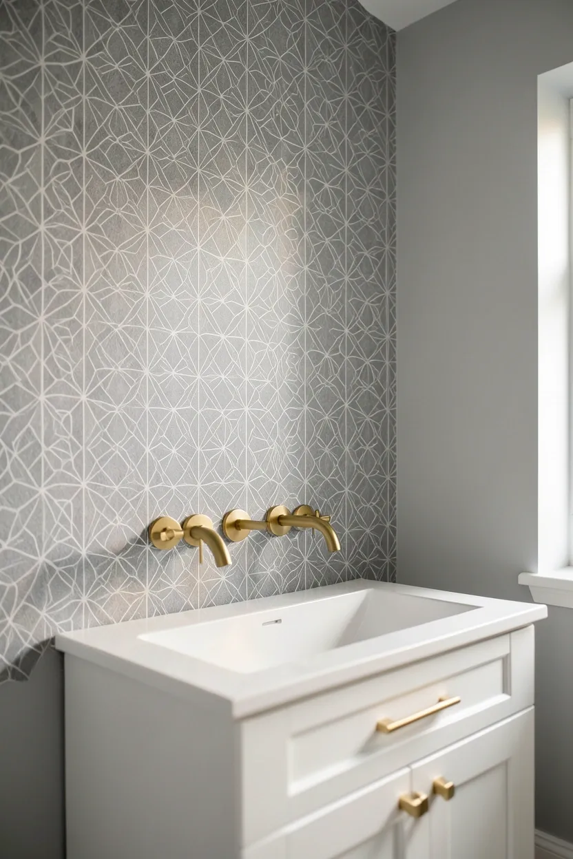 Grey bathroom with removable peel-and-stick geometric wallpaper on the feature wall behind the vanity — renter friendly