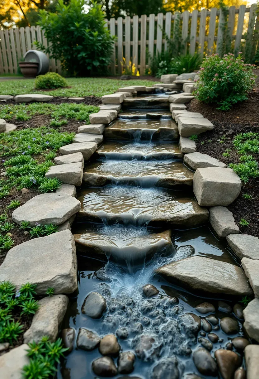 Tiered backyard stream flowing between three connected shallow ponds over natural stone, surrounded by lush ground cover