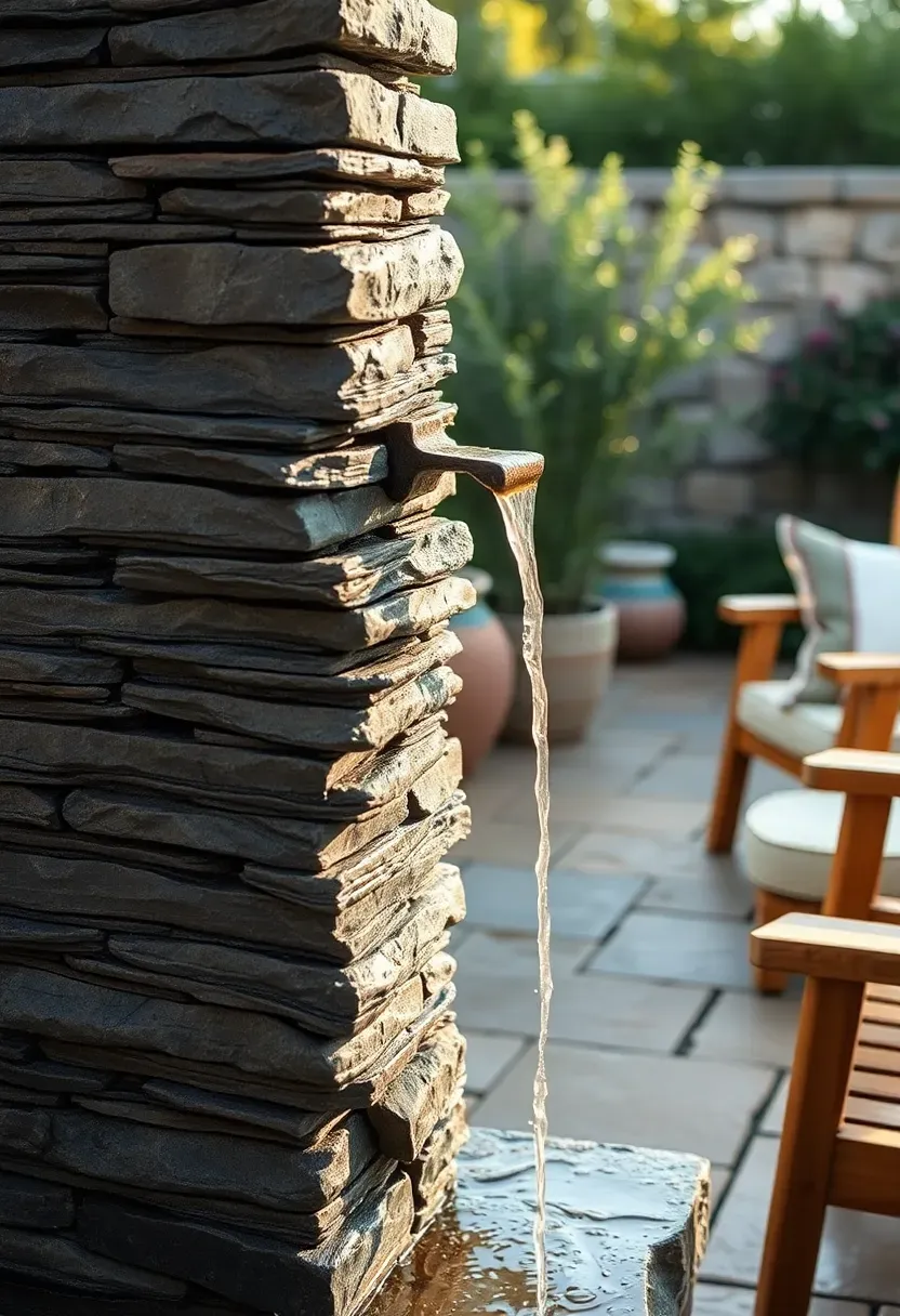 Tall stacked natural slate column fountain with water trickling down its layered surfaces on a patio next to outdoor seating