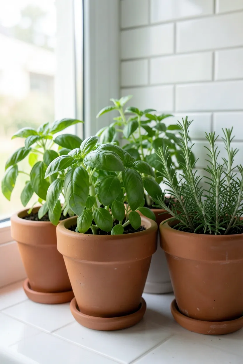 Terra cotta pots with fresh herbs — basil, rosemary, and thyme — on a sunny farmhouse kitchen windowsill