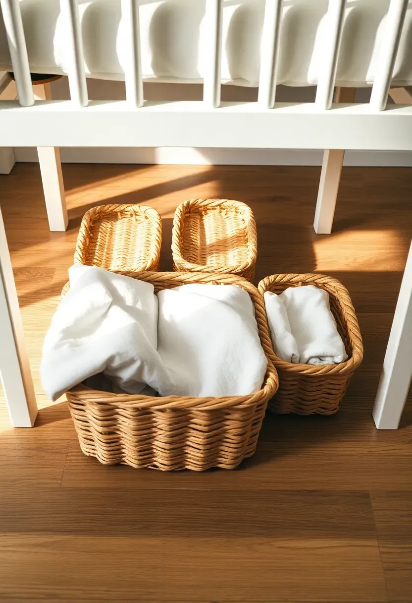 woven baskets stored under crib for extra nursery storage in small baby boy room keeping floor tidy