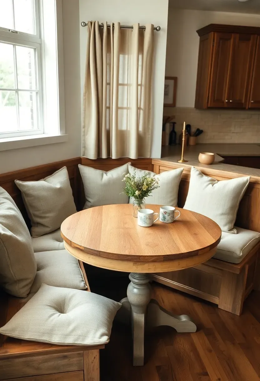 Hyper-realistic 3/4 view of a corner breakfast nook in a rustic kitchen. L-shaped built-in bench seating in reclaimed wood with cushions in natural linen showing slight compression from regular use. Round farmhouse-style table in distressed wood in center. Window above bench with linen curtains allowing natural light to stream in. Creamy white walls, warm oak flooring visible. Small vase with wildflowers on table, two mismatched vintage mugs showing signs of recent coffee. Reclaimed wood cabinets visible in background. Materials: reclaimed oak, linen cushions, distressed wood, linen curtains. Cozy intimate rustic mood. Visible kitchen context - all walls and flooring showing nook tucked into corner. Slight wear on table surface, small cushion indentations. No text, no logos, no watermarks. Negative prompt: 