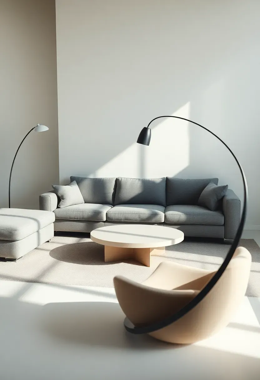 Hyper-realistic wide shot of minimalist living room with rectangular gray sofa, round coffee table, curved floor lamp with arched stem, perhaps curved side table or mirror, interplay of geometric shapes. Materials: medium gray upholstery, white or black metal curved elements, white or light wood surfaces, white walls. Soft diffused natural light emphasizing shadows and shapes, dynamic minimalist mood. Sharp details, composition showing contrast between straight and curved forms, no text, no logos, no watermarks.</p>