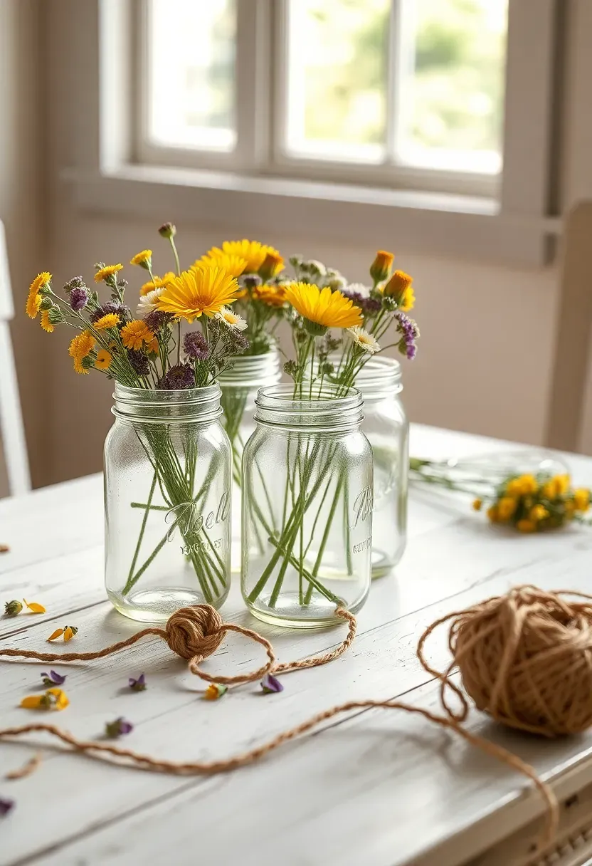 mason jar wildflower bouquet bar on distressed white table with jute twine