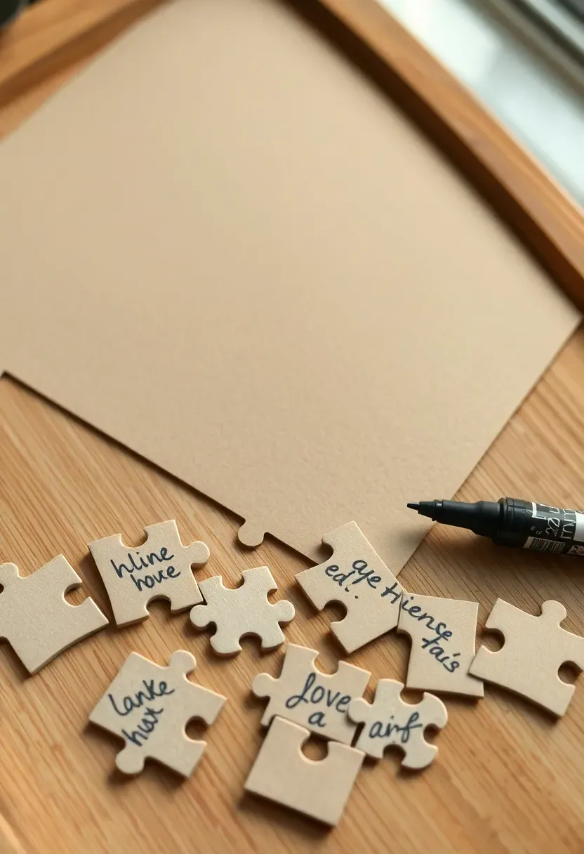 custom jigsaw puzzle guest book at a baby shower with pieces laid out on a table for guests to sign and messages written on individual puzzle pieces beside a completed puzzle image