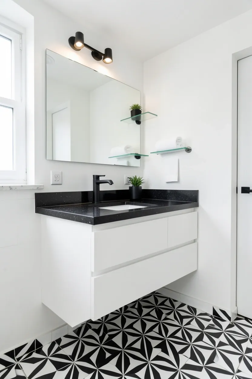 Bold geometric black and white floor tile pattern with minimalist white walls and floating vanity — modern bathroom
