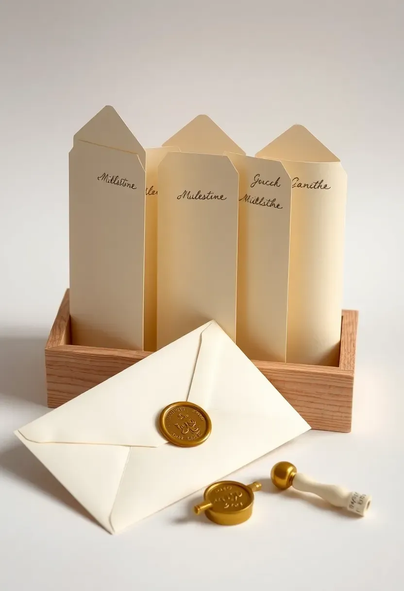 baby shower time capsule envelope set with individual labeled envelopes guests writing letters for baby to open at different ages on a styled table with wax seal stamps and ribbon