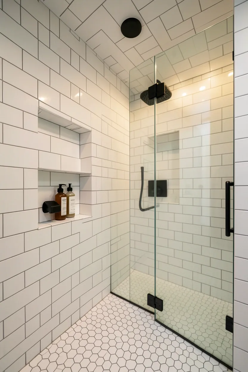 Tiled shower niche built between studs holding soap and shampoo bottles, spa-like organized storage in a rental bathroom upgrade