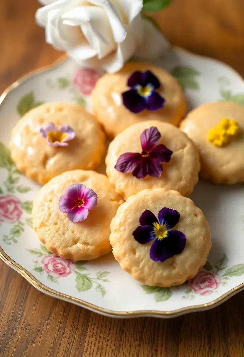 delicate shortbread cookies topped with pressed edible flowers like pansies and violas preserved under a thin sugar glaze on a vintage floral plate