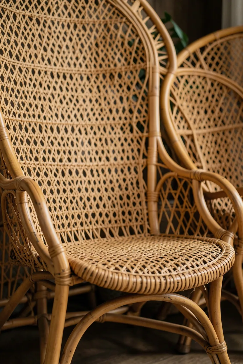 Vintage rattan peacock chair and woven cane accent pieces adding natural texture to a Scandinavian rental living room