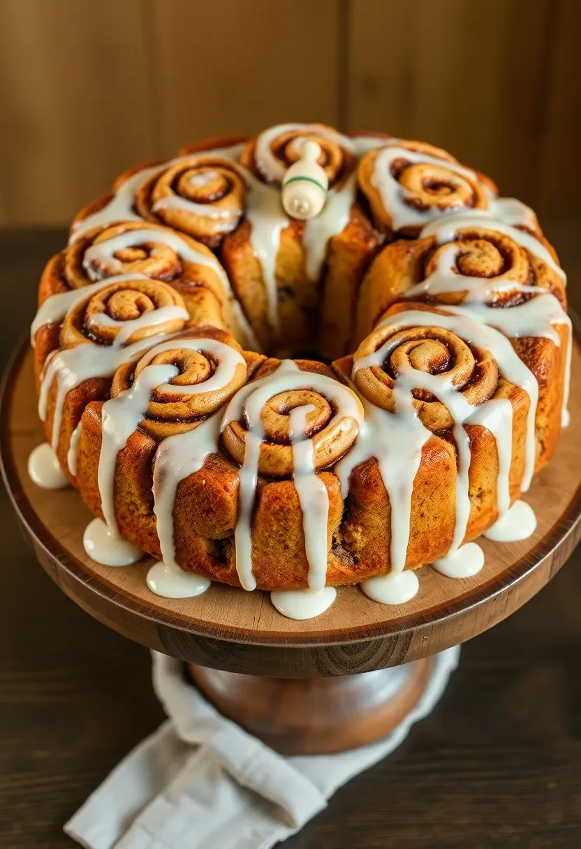 large round cinnamon roll pull apart cake with cream cheese glaze and tiny fondant baby rattle topper on a rustic wooden cake stand