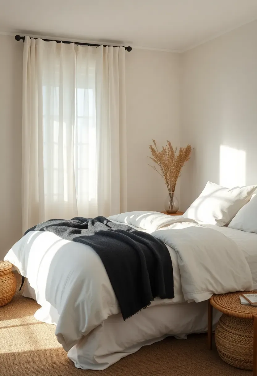 Layered neutral textiles throughout bedroom