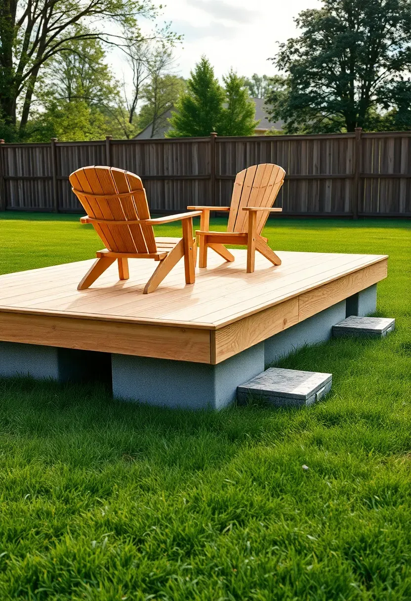 A floating ground-level wooden deck sitting on concrete deck blocks in a flat grassy backyard with two Adirondack chairs on top