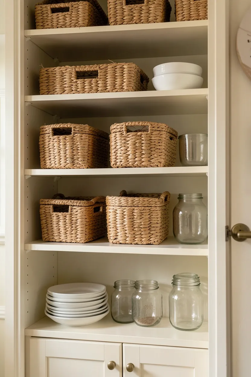 Woven seagrass and rattan baskets on open farmhouse kitchen shelves storing produce and linens