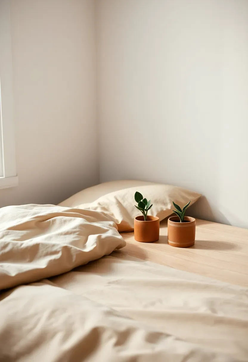 minimalist dorm room white and oat bedding simple wooden desk with clean surfaces and small potted plant