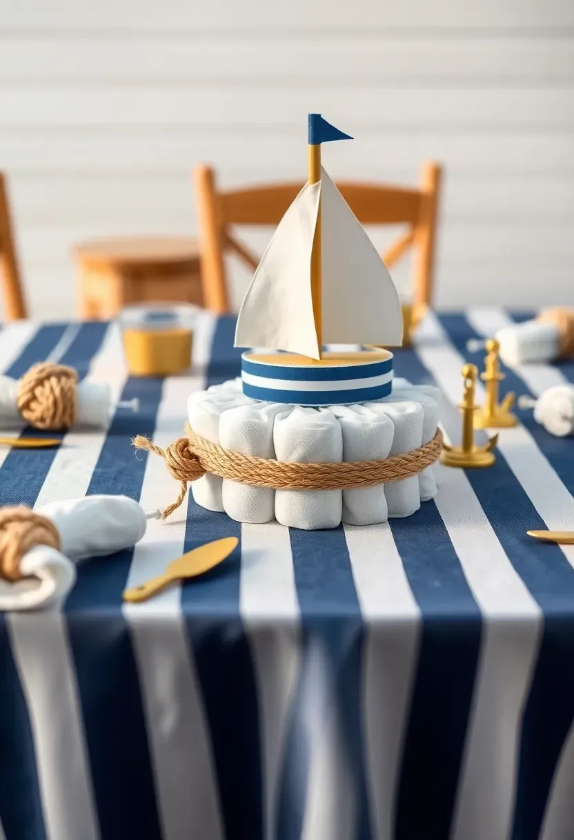 nautical baby shower with navy and white striped tablecloth rope knot napkin rings small anchor decorations and a sailboat diaper cake centerpiece