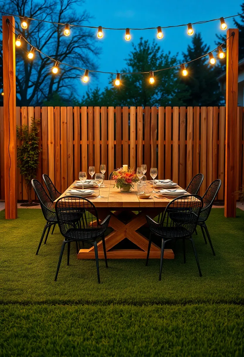Outdoor dining table and chairs set on a flat synthetic turf area with string lights overhead and a wooden privacy screen behind