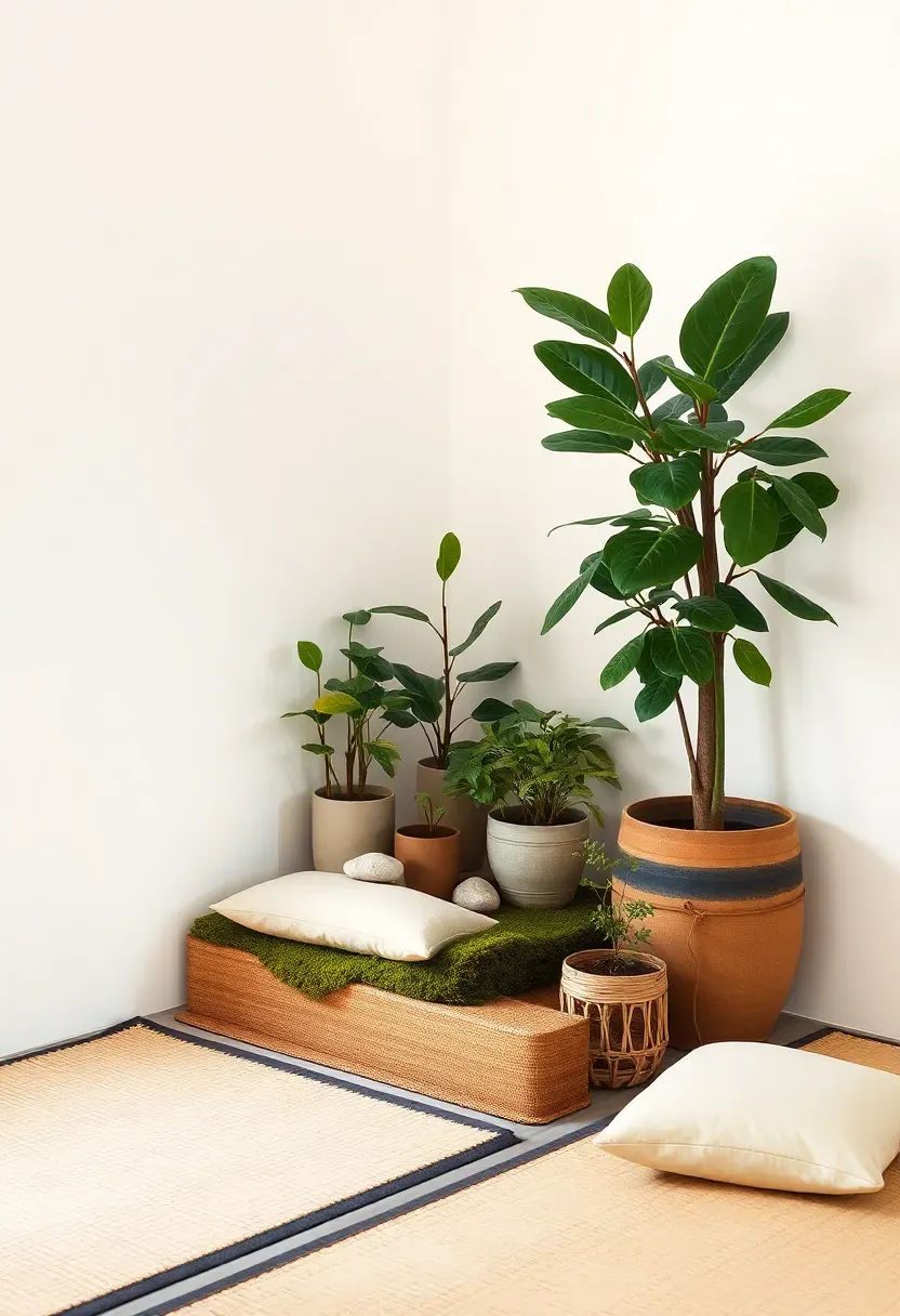 Hyper-realistic 3/4 view of a minimalist Japandi living room corner featuring raised tatami platform with various potted plants, moss, small smooth stones, linen floor cushion, and large potted fiddle leaf fig. Materials: warm white walls, woven tatami mats, green plants with varied leaves, beige linen cushion, ceramic planters. Soft natural daylight from nearby window, gentle shadows, serene and natural atmosphere. Clean composition with negative space, sharp botanical details, no clutter, no text, no watermarks.</p>