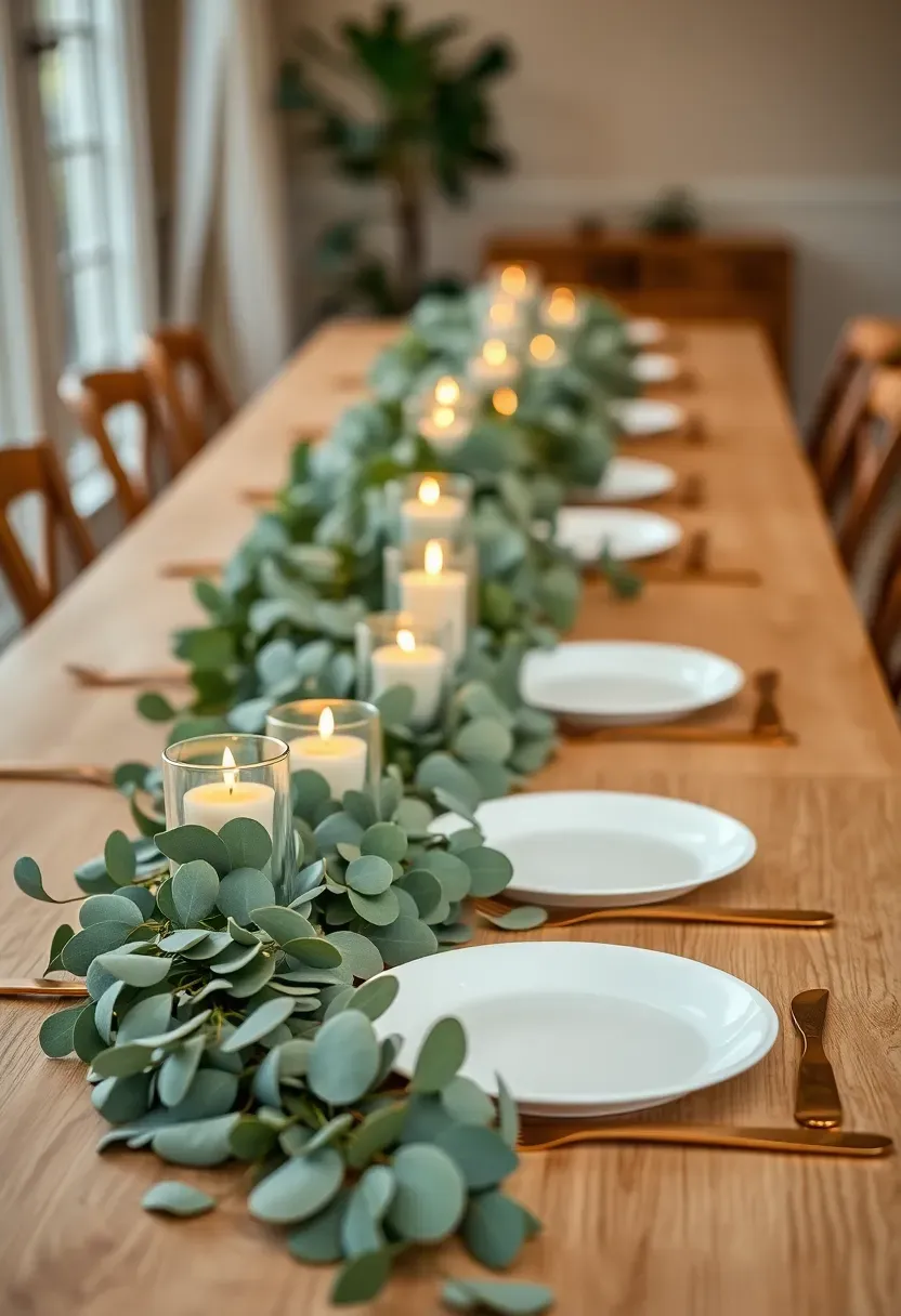 eucalyptus and greenery garlands draped along a baby shower table runner with candles, white plates, and gold utensils