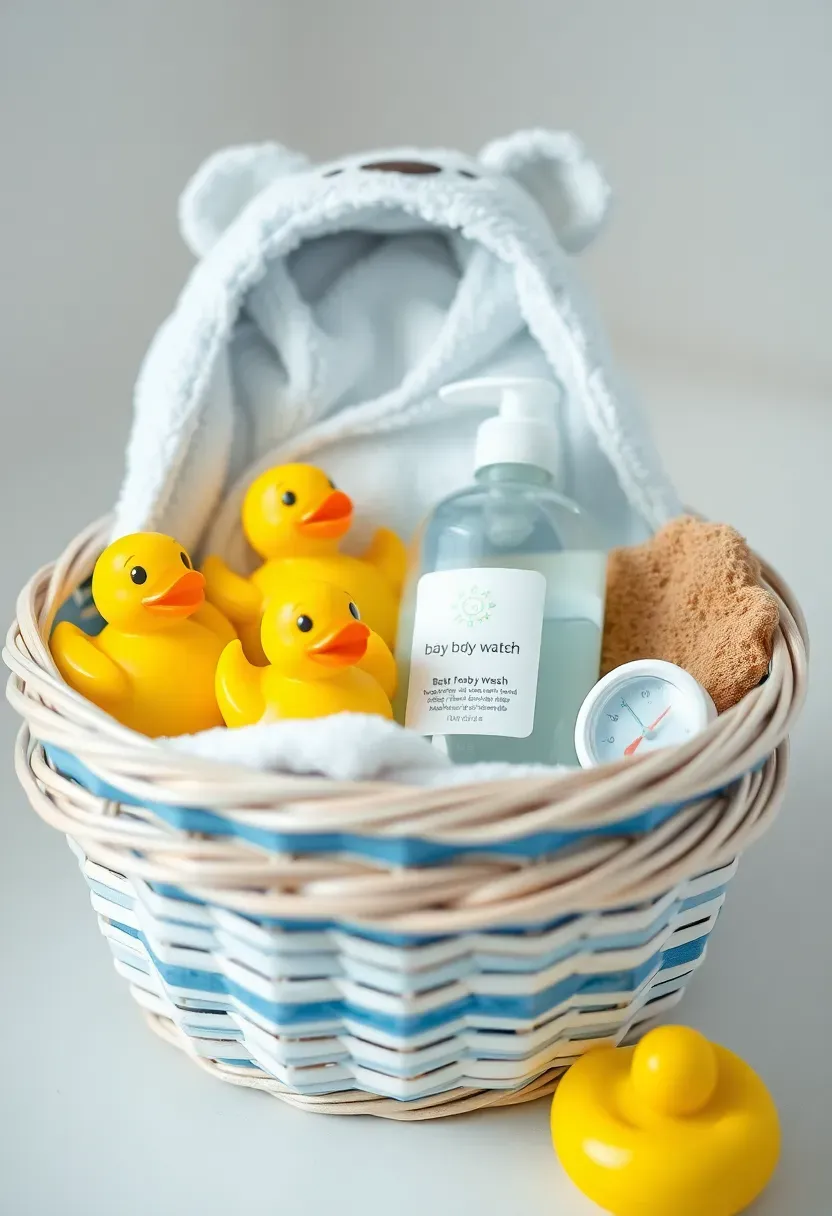 baby bath time gift basket with hooded towel rubber ducks gentle wash bath thermometer and soft sponge in a blue and white basket