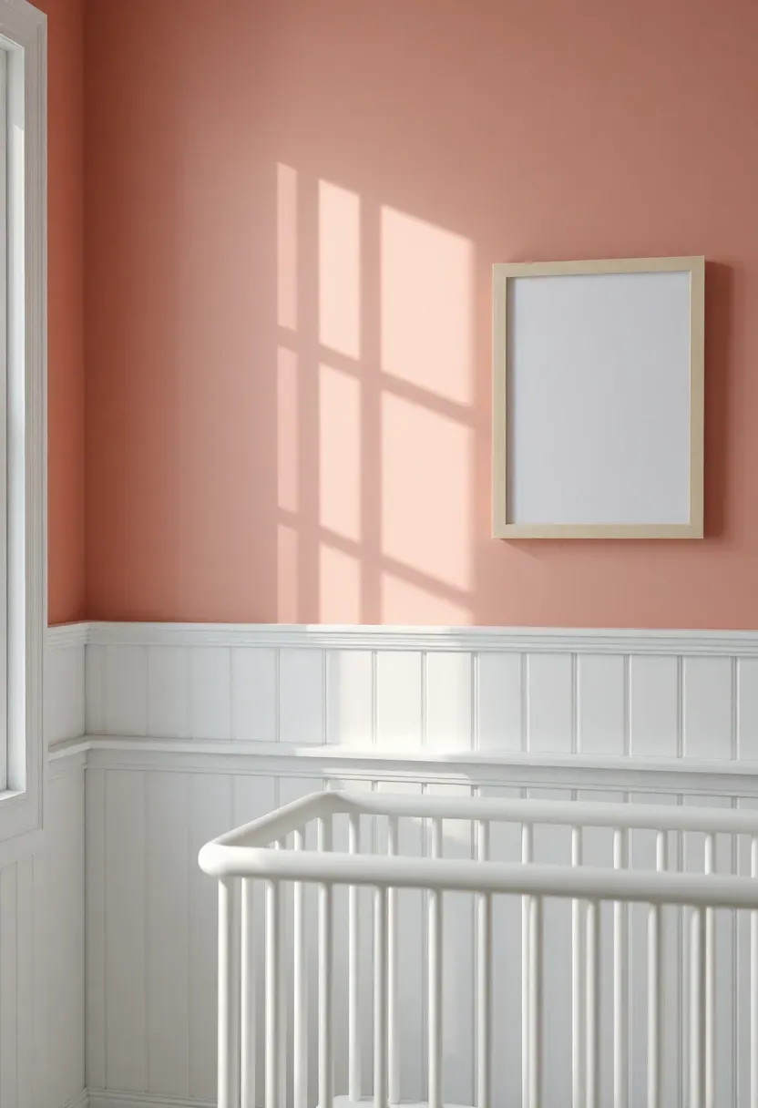nursery with white wainscoting textured wall panels and soft warm paint above