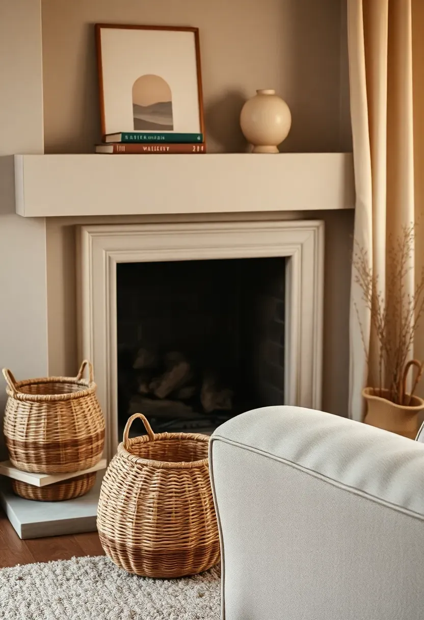 Fireplace styling with baskets and books