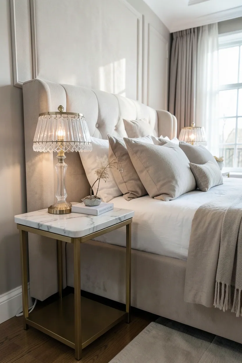 White Carrara marble-top bedside table with brass base and crystal table lamp in an elegant luxury bedroom